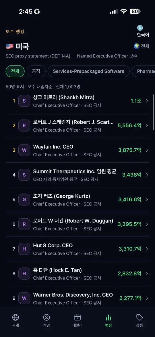연봉궤도 앱 화면 — 미국 랭킹 · 한글 병기